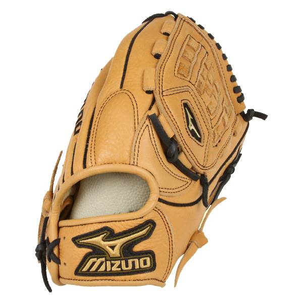 Front view of a tan baseball glove with black lacing and a Mizuno logo.