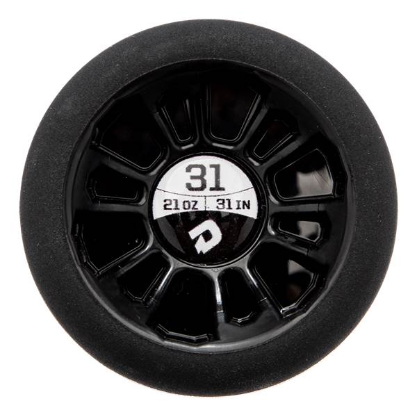 End view of a black baseball bat with a black end cap, showing 31, 21 OZ, 31 IN, and a DeMarini logo.