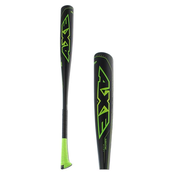 Side view of a black AXE baseball bat with green AXE logo and green grip.