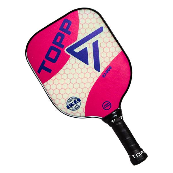 Top-down view of a pink pickleball paddle with a blue logo, TOPP text, and XJ-900 label.