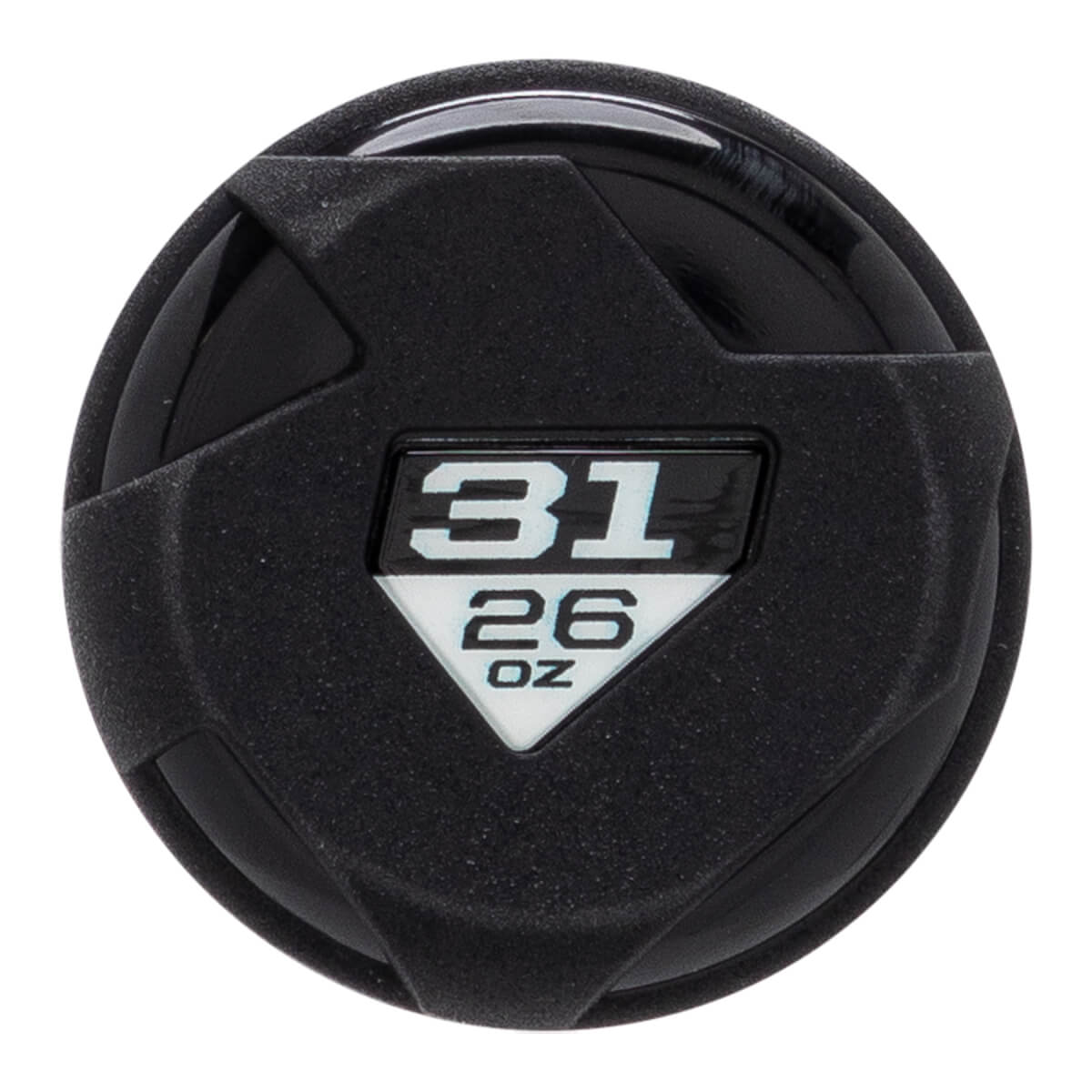 End view of a black baseball bat with 31 and 26 OZ markings.