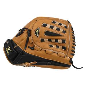 Side view of a tan and black baseball glove with Mizuno branding and a webbed palm.