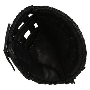 Top-down view of a black baseball glove with a woven pocket and embossed branding.
