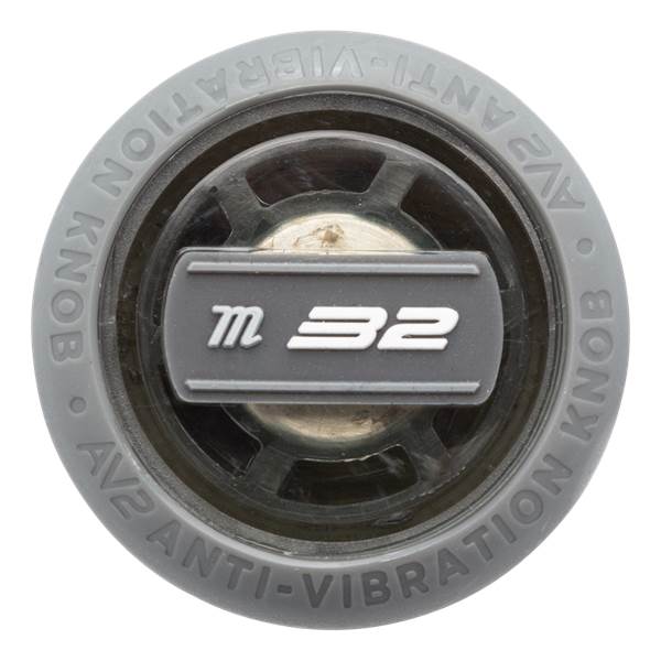 Top-down view of a gray baseball bat knob with AV2 ANTI-VIBRATION KNOB text and m 32 logo.