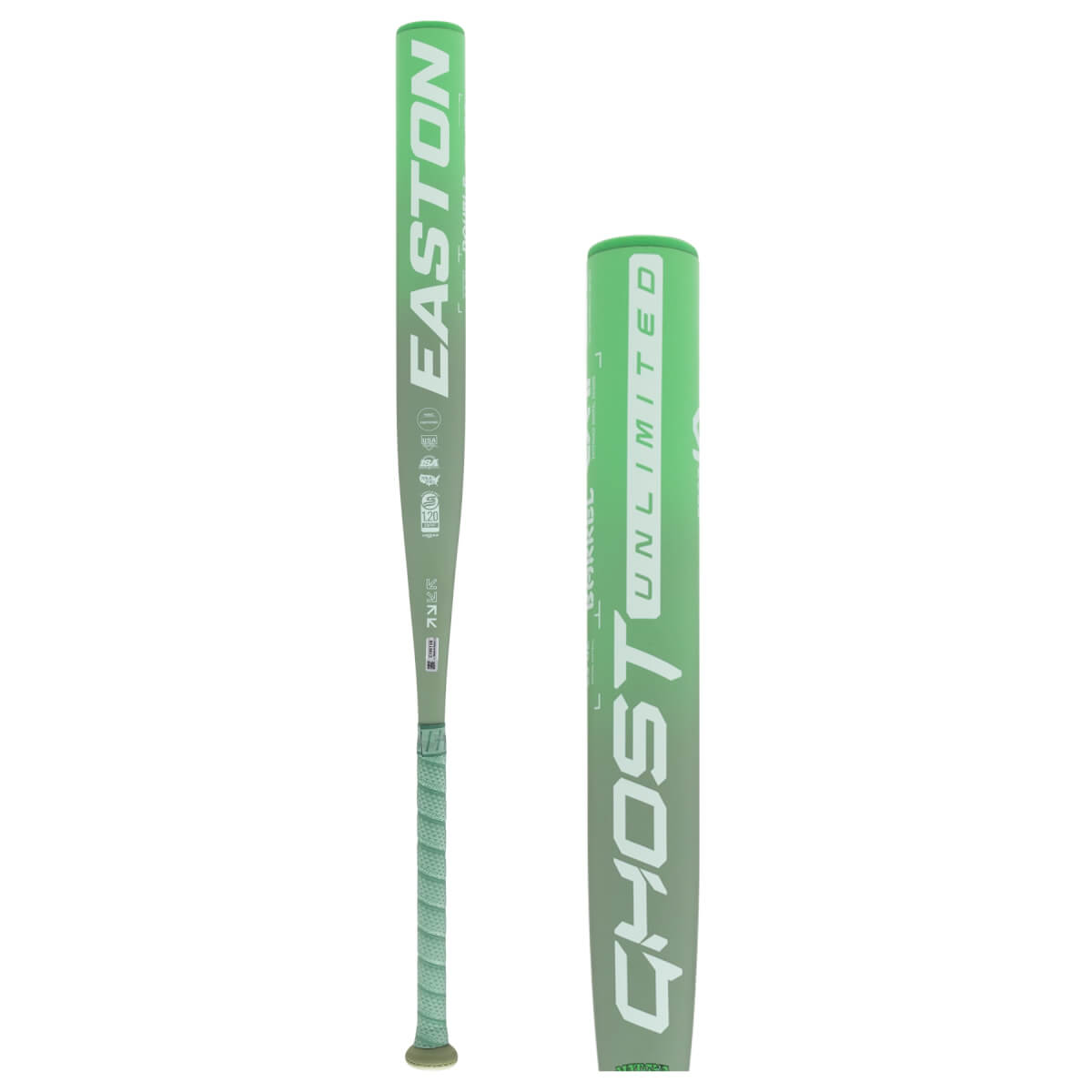 Side and close-up views of a mint green softball bat featuring white EASTON lettering and GHOST UNLIMITED printed vertically on the barrel.