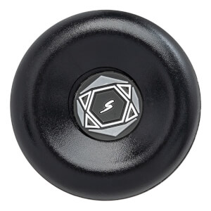 Bottom view of the black baseball bat knob featuring a recessed center with a grey and black hexagonal logo and a stylized "S" at the center.