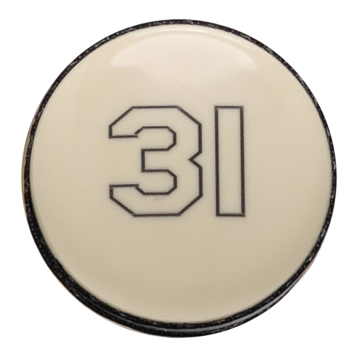 Top-down close-up of an off-white baseball bat end cap with a black outlined 31 and a black rim.