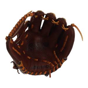 Top-down view of a brown baseball glove with tan lacing and Mizuno text.