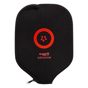 Front view of a black pickleball paddle case with a red circular logo and Baddle advance text.