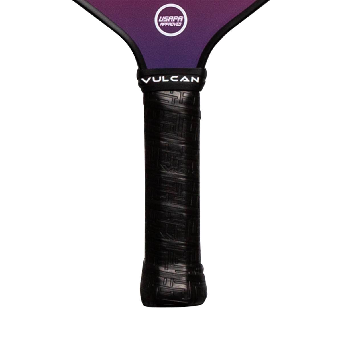 Close-up of a black pickleball paddle grip with Vulcan branding and USAPA Approved logo.