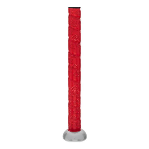 Side view of a red baseball bat with a textured grip and silver end cap.