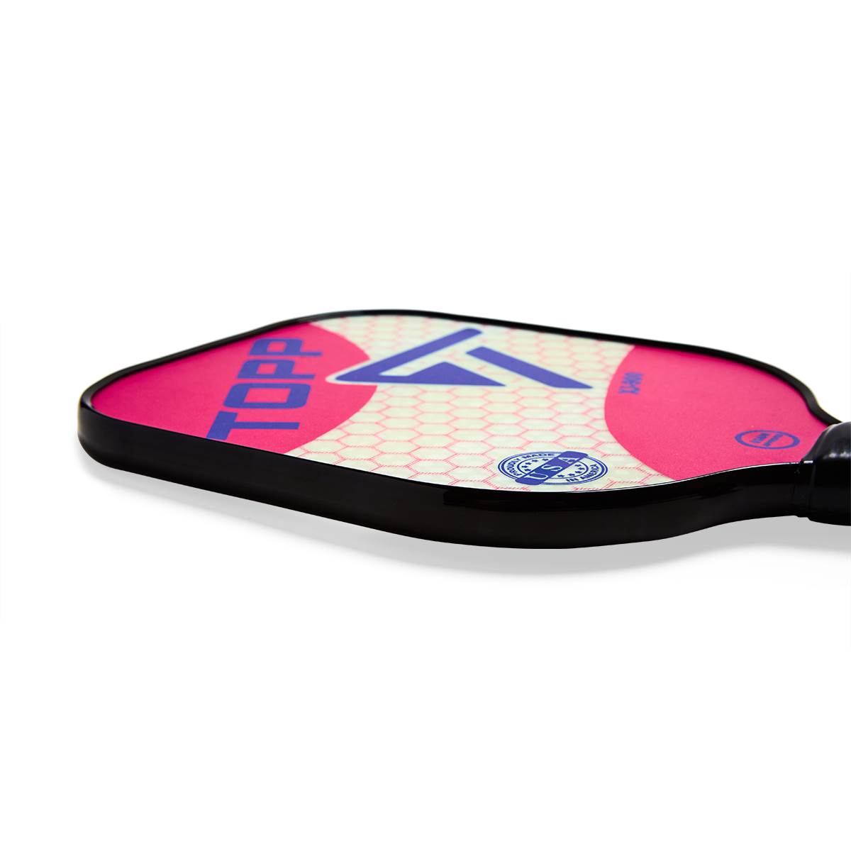 Side view of a pink pickleball paddle with blue TOPP text and a hexagonal pattern.