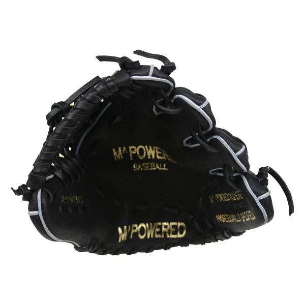 Front view of a black baseball glove with gold M POWERED branding and white piping.