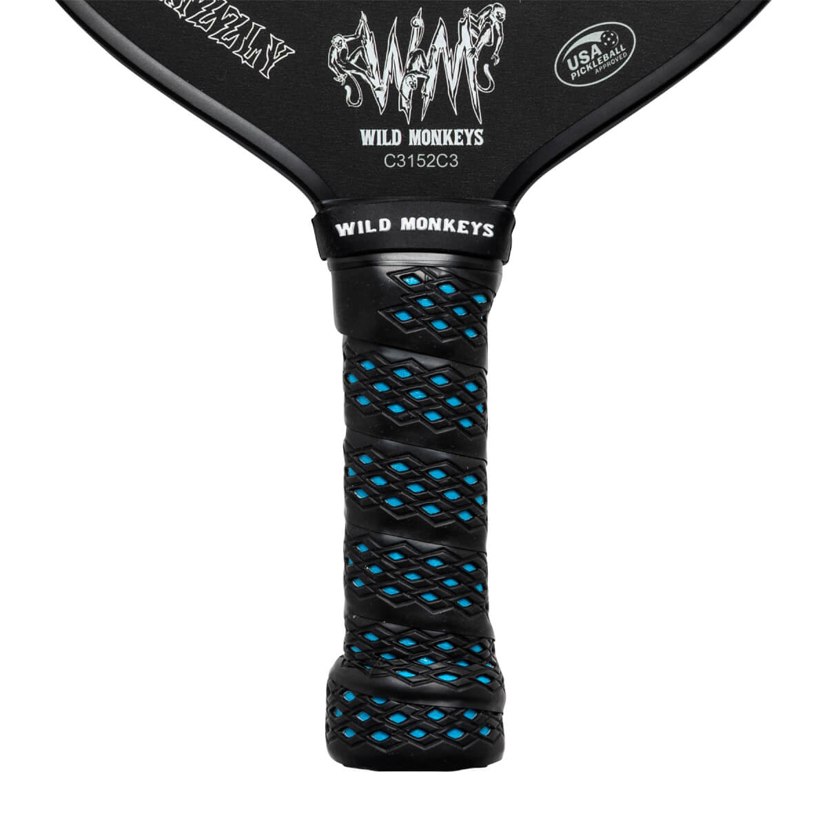 Close-up of a black pickleball paddle grip with blue diamond pattern and WILD MONKEYS text.