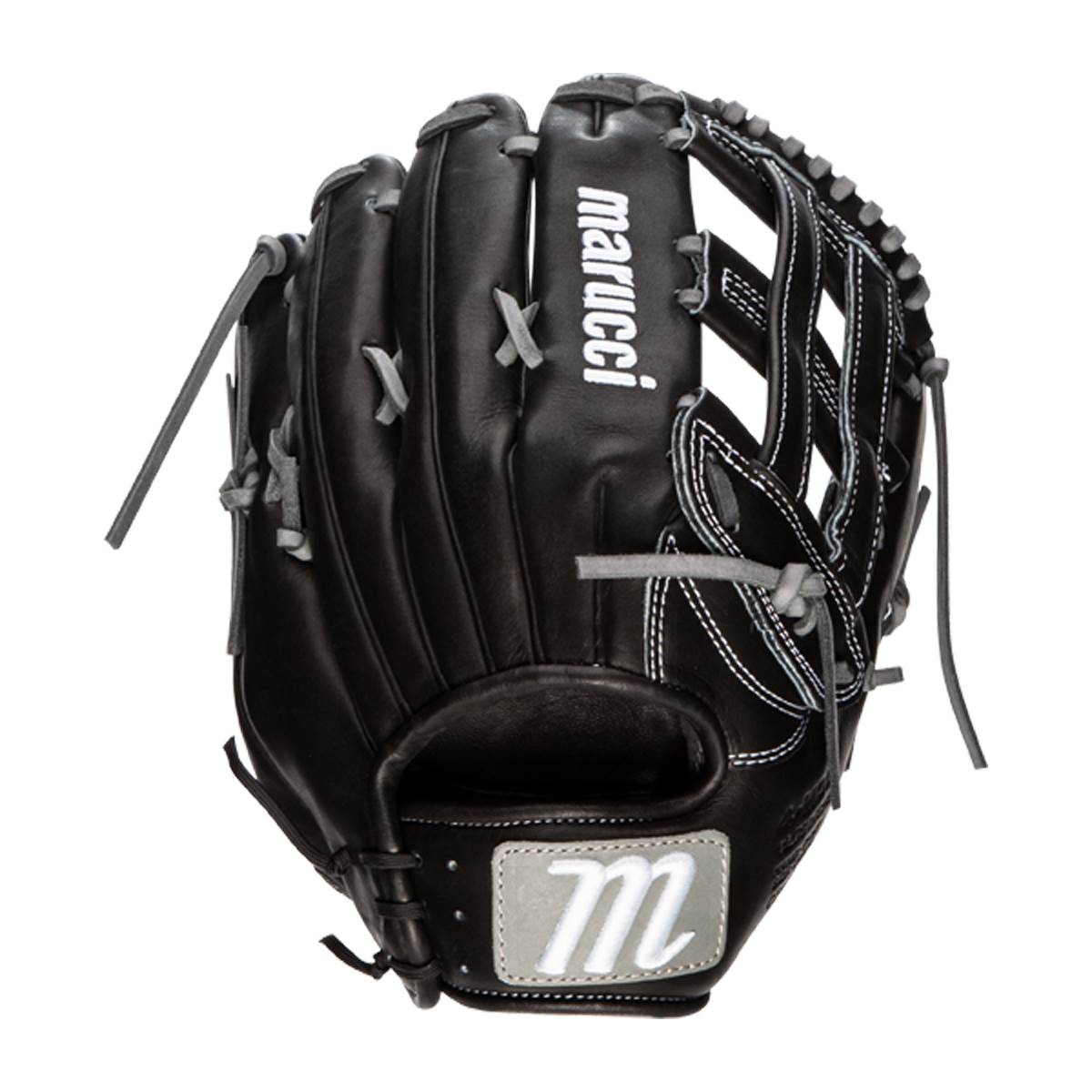 Front view of a black baseball glove with white stitching and a Marucci logo.
