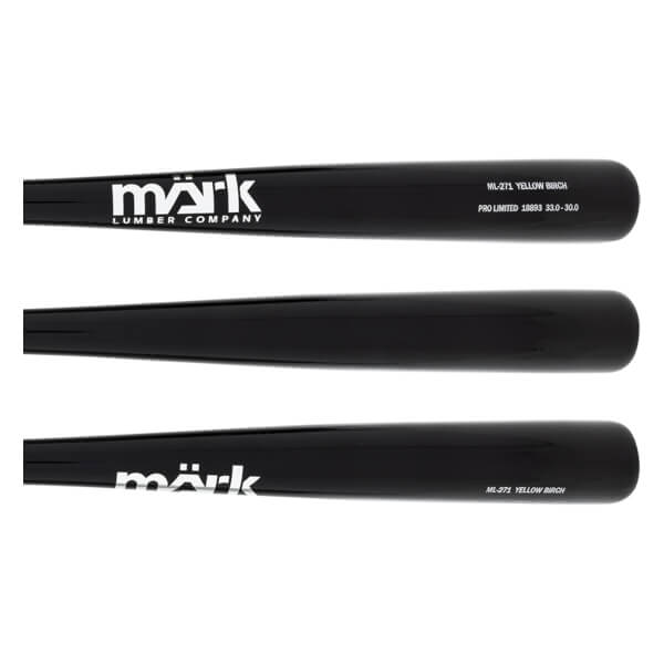 Side views of a black baseball bat with white Märk Lumber Company logo, ML-271 YELLOW BIRCH, and PRO LIMITED text.