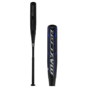 Side view of a black baseball bat with blue MAXCOR lettering and Mizuno branding.