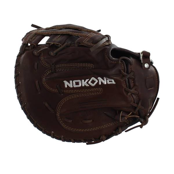 Front view of a brown Nokona first base mitt with white Nokona branding and detailed lacing.