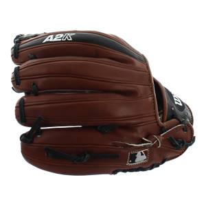 Side view of a brown baseball glove with A2K branding and MLB logo.