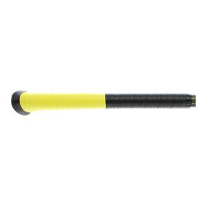 Side view of a black and yellow baseball bat with a yellow grip and black textured handle.
