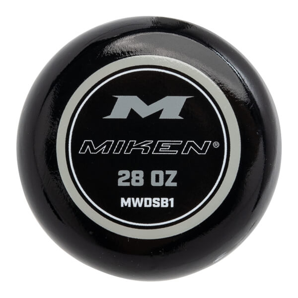 Close-up of a black softball bat end cap with a circular Miken logo, 28 OZ, and MWDSB1.