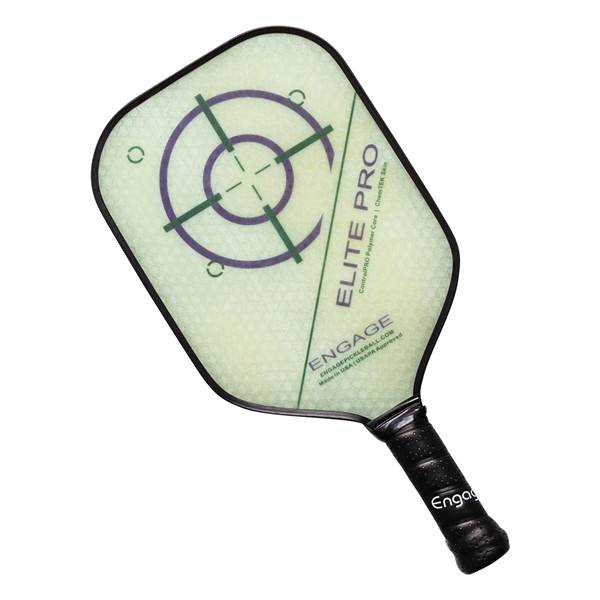 Top-down view of a light green pickleball paddle with a target design and ELITE PRO text.