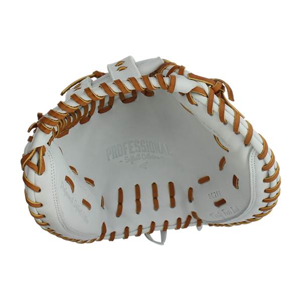 Inside view of a white catchers mitt with brown lacing and PROFESSIONAL - Softball Collection text.