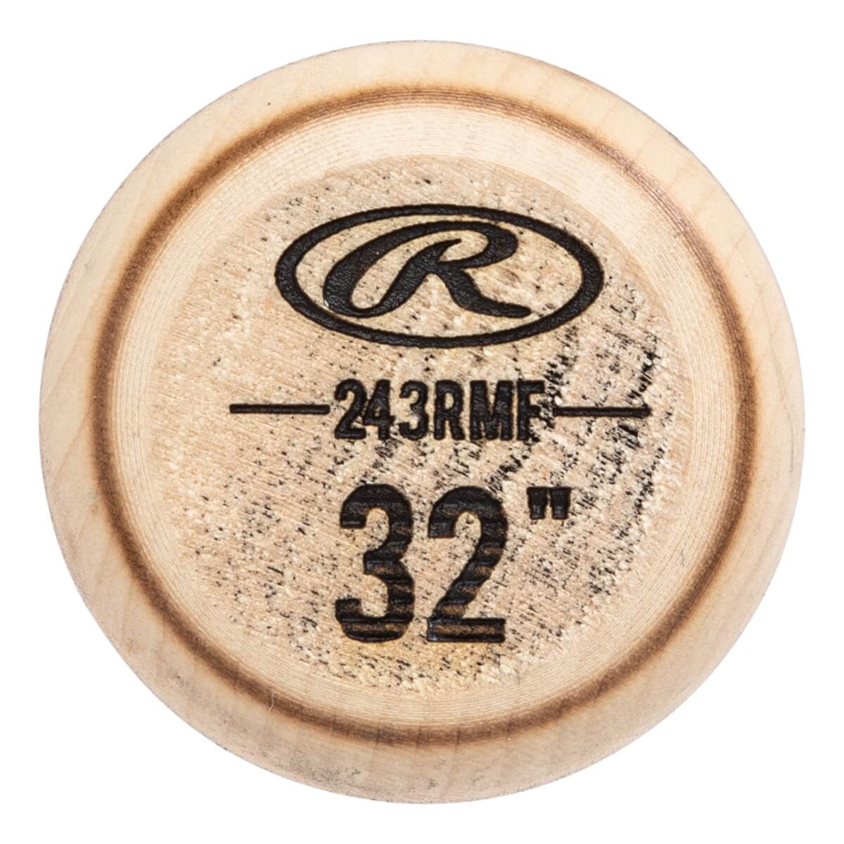 End view of a natural wood baseball bat with Rawlings logo, 243RMF, and 32 size.