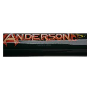Close-up of a black baseball bat with ANDERSON in red and gold, and flame graphics.