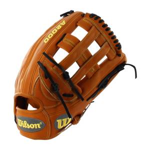 Side view of a tan baseball glove with A2000 branding and a Wilson logo.