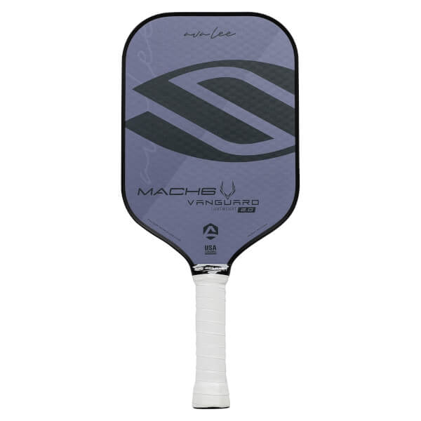 Front view of a purple pickleball paddle with a large grey S graphic, MACH6 VANGUARD 2.0 text, and white grip.