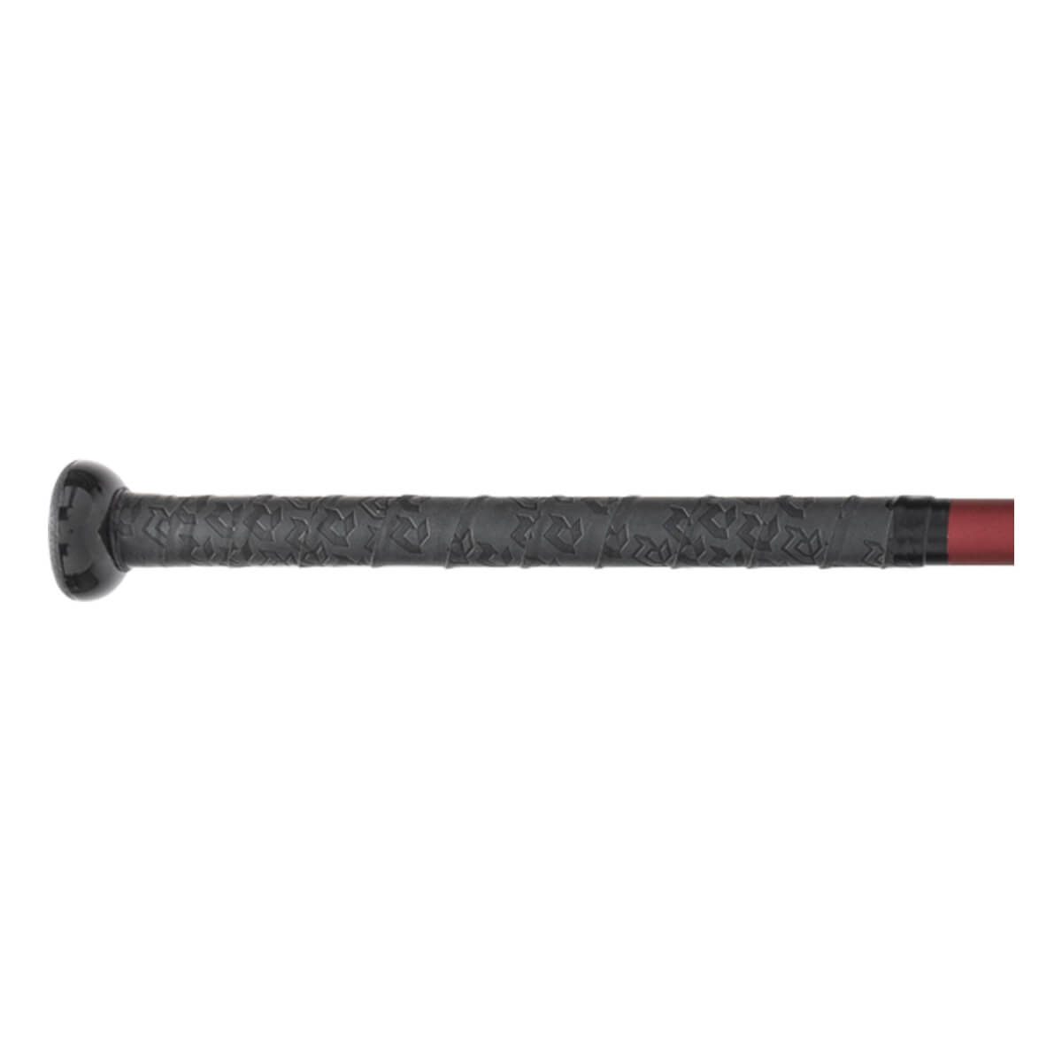 Side view of a black softball bat handle with a textured grip, black knob, and a visible red barrel section.