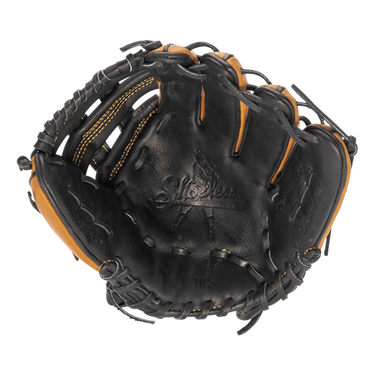 Top-down view of a black baseball glove with tan accents and Shoeless Joe logo.