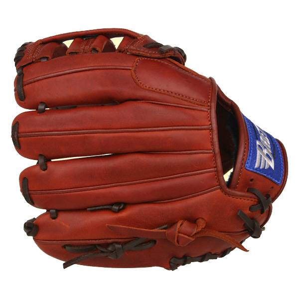 Side view of a brown baseball glove with a blue patch and white logo.