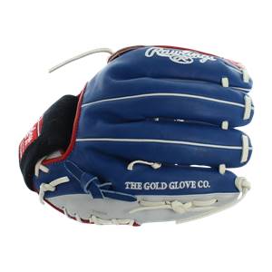 Front view of a blue baseball glove with white stitching and THE GOLD GLOVE CO. text.