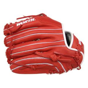 Side view of a scarlet red baseball glove with white stitching and WORTH logo.