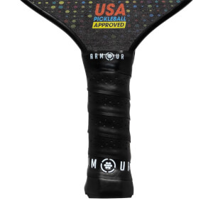 Close-up of a black pickleball paddle grip with Armour branding and USA Pickleball Approved text.