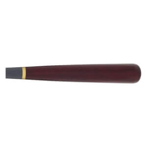 Side view of a dark red baseball bat with a gold band and grey knob.