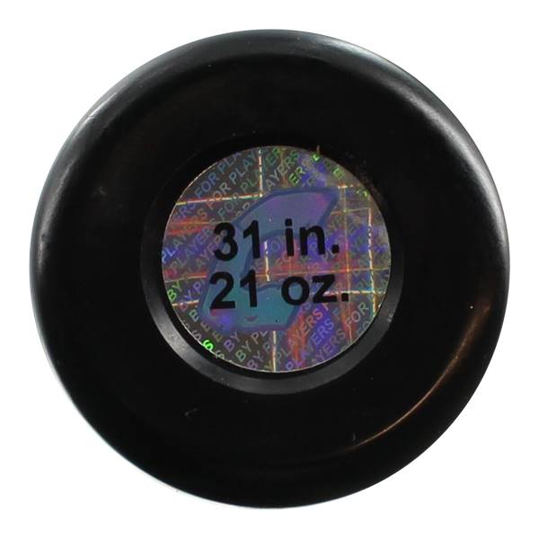End view of a black softball bat with a holographic sticker showing 31 in. 21 oz.