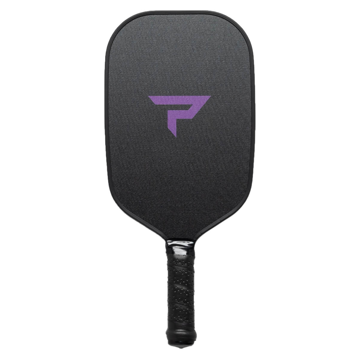 Front view of a black pickleball paddle with a purple P logo and textured grip.