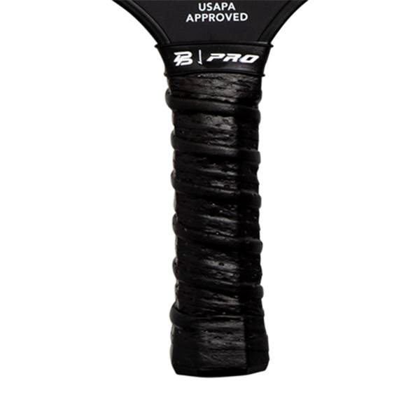 Close-up of a black pickleball paddle grip with B | PRO logo and USAPA APPROVED text.