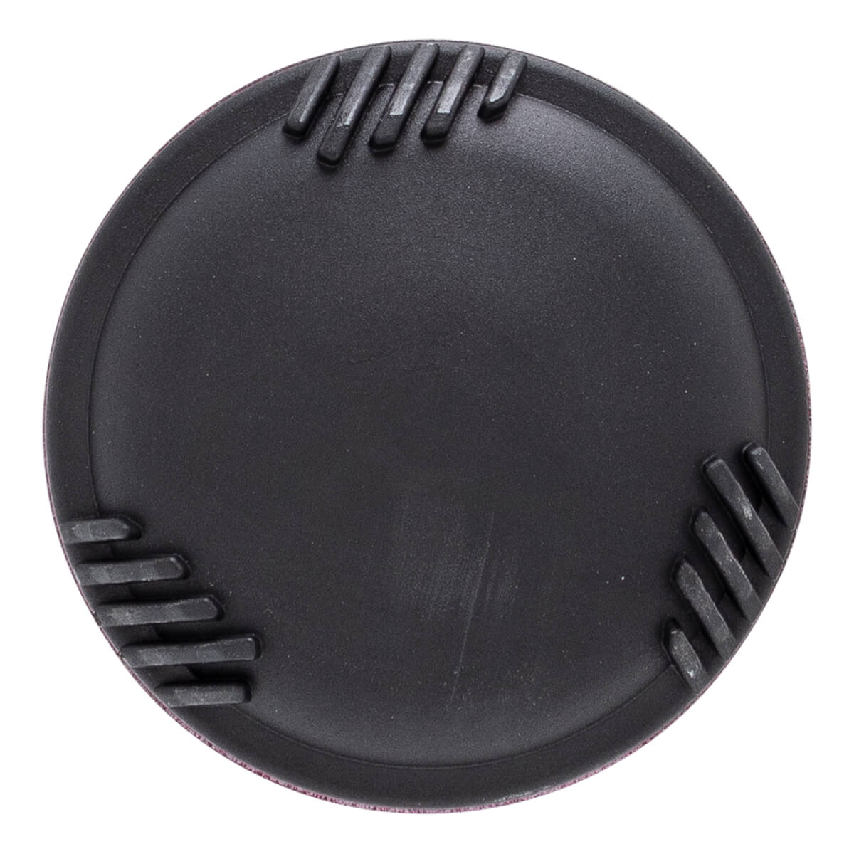 Top-down view of a black baseball bat end cap with ribbed texture details.
