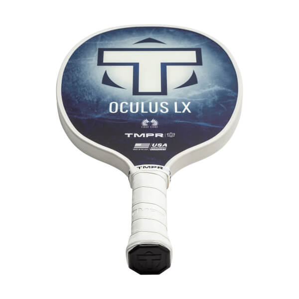 Front view of a white pickleball paddle with a blue and white graphic, OCULUS LX text, and white grip.