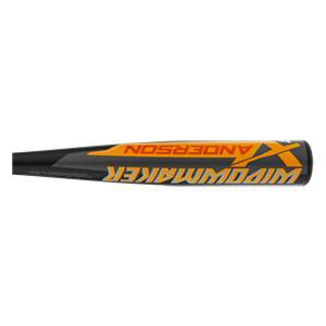Side view of a black baseball bat with orange ANDERSON and WIDOWMAKER text.