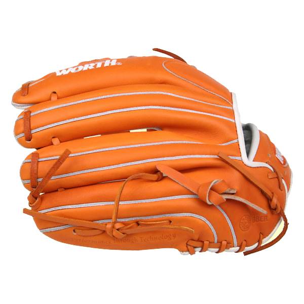 Side view of an orange baseball glove with white stitching and WORTH logo.