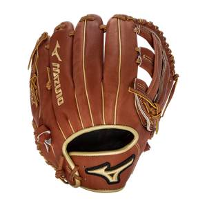 Front view of a brown baseball glove with gold Mizuno branding and white stitching.