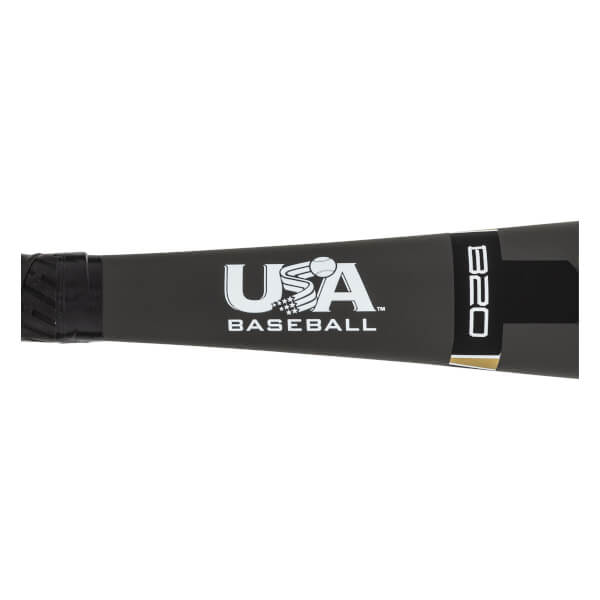 Side view of a black baseball bat with USA BASEBALL logo and B20 text.