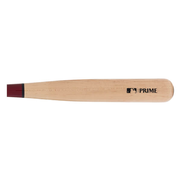 Side view of a natural maple wood baseball bat with a dark red handle knob and MLB PRIME logo.