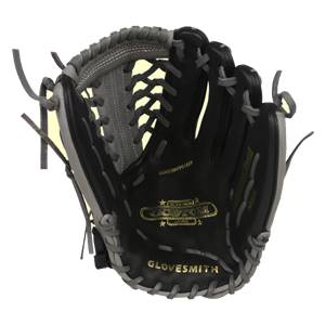 Interior view of a black and gray baseball glove with gold Glove Smith branding and Surecatch Pocket text.