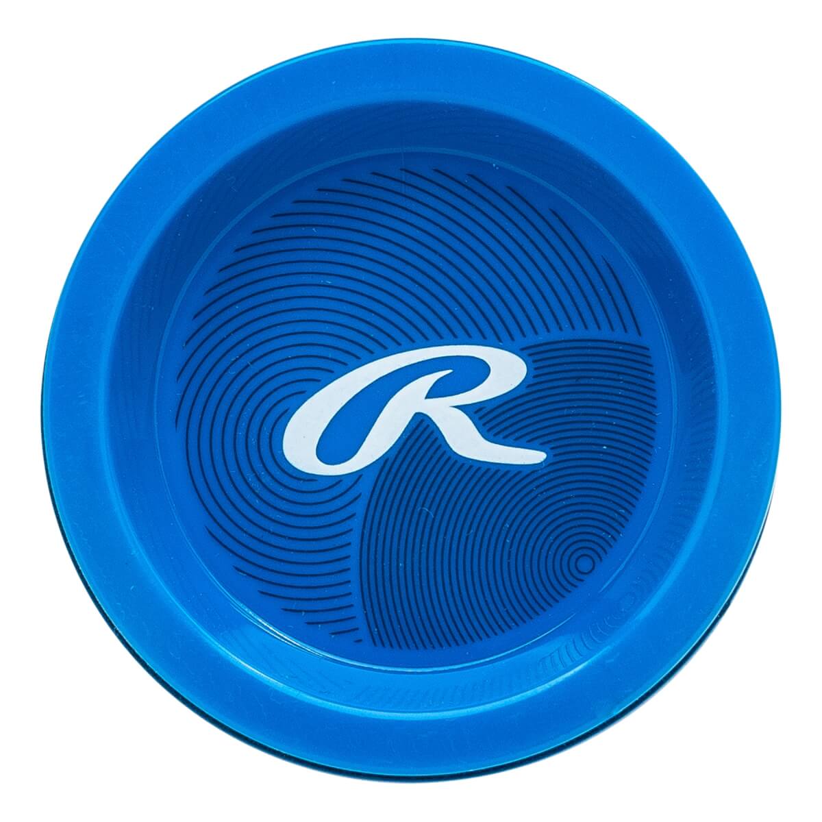 Top-down view of a blue bat end cap with a white Rawlings logo and concentric circle design.